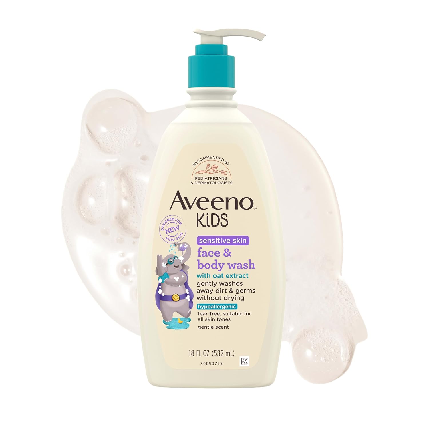 Aveeno Kids sensitive skin face and body wash pump bottle, 18 fl oz, with oat lather graphics