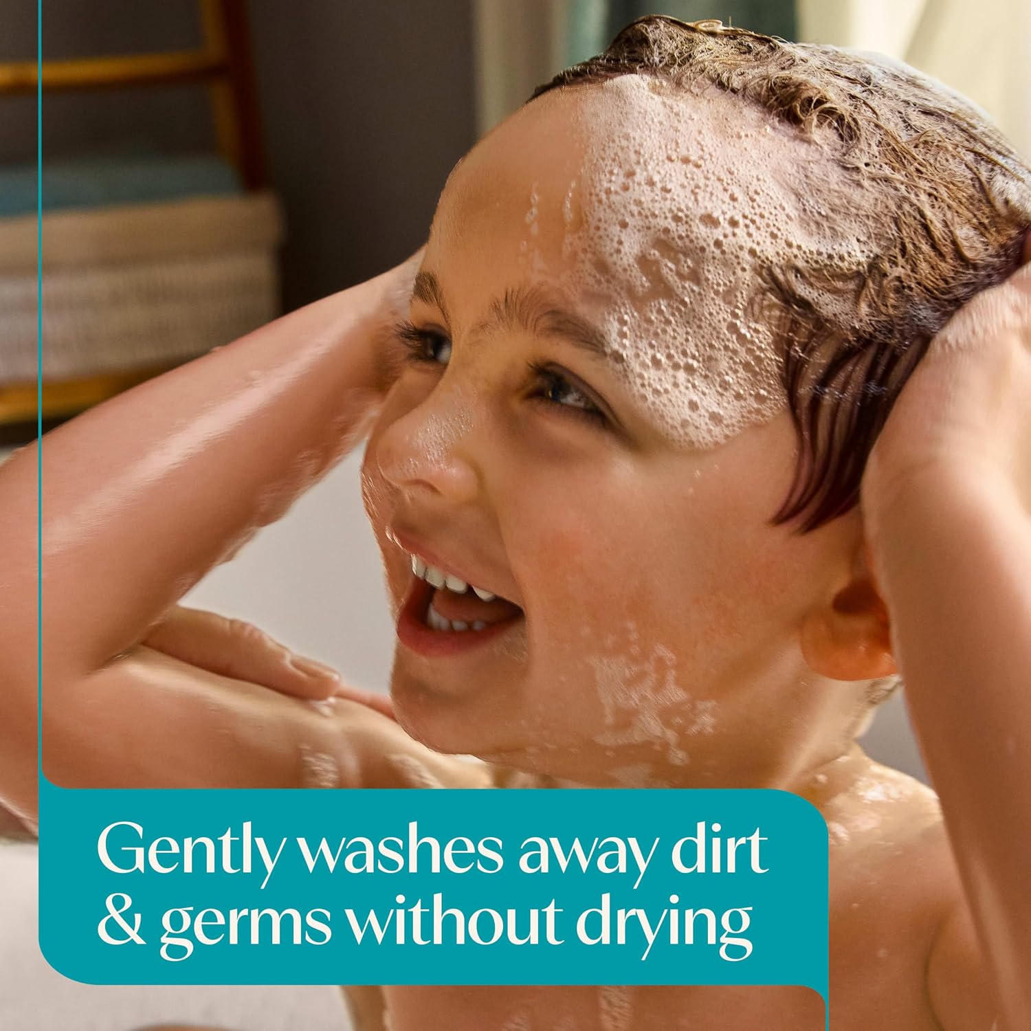 Child washing with foam on the hair and the caption that it gently washes away dirt and germs without drying