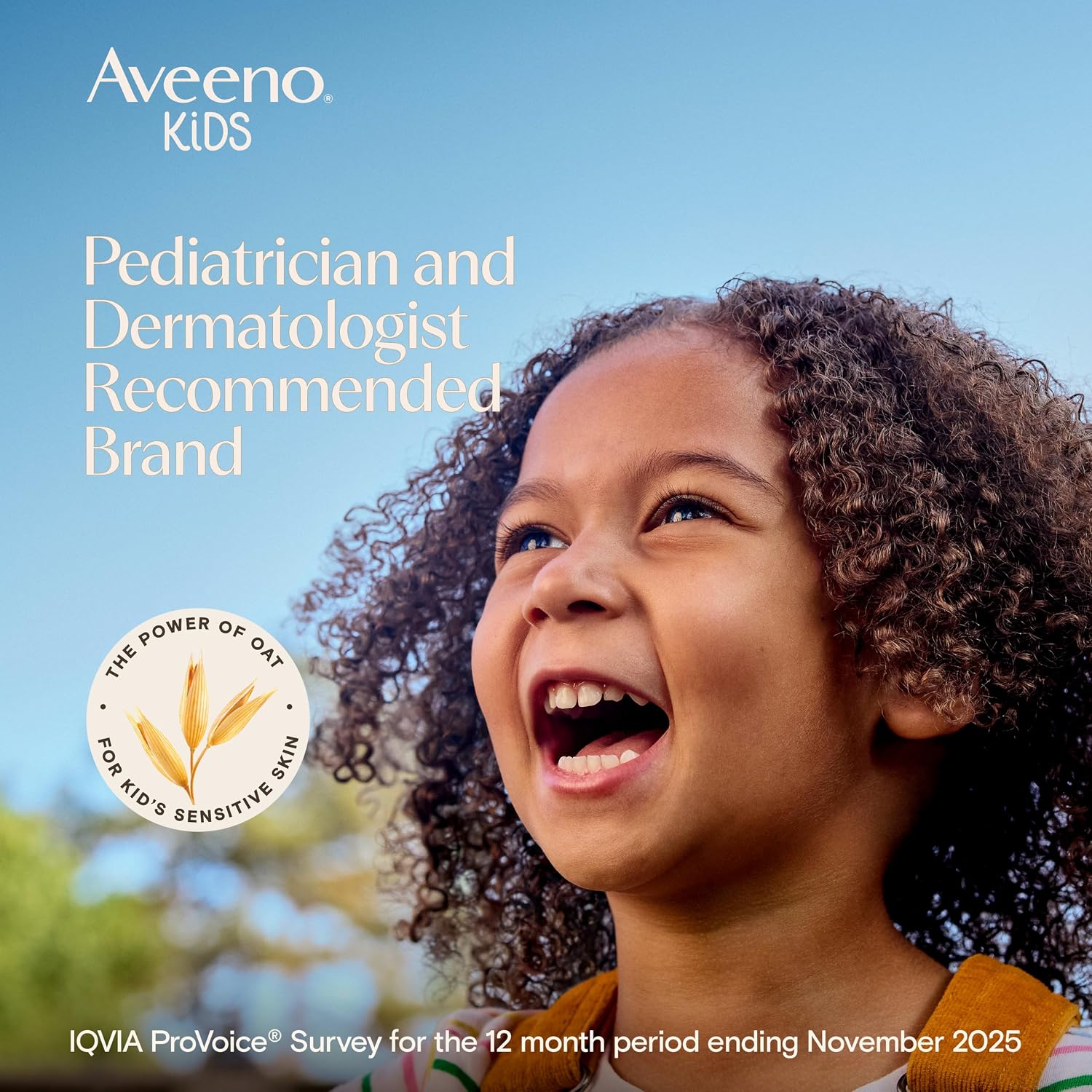 Aveeno Kids graphic calling the brand pediatrician and dermatologist recommended, with an oat badge