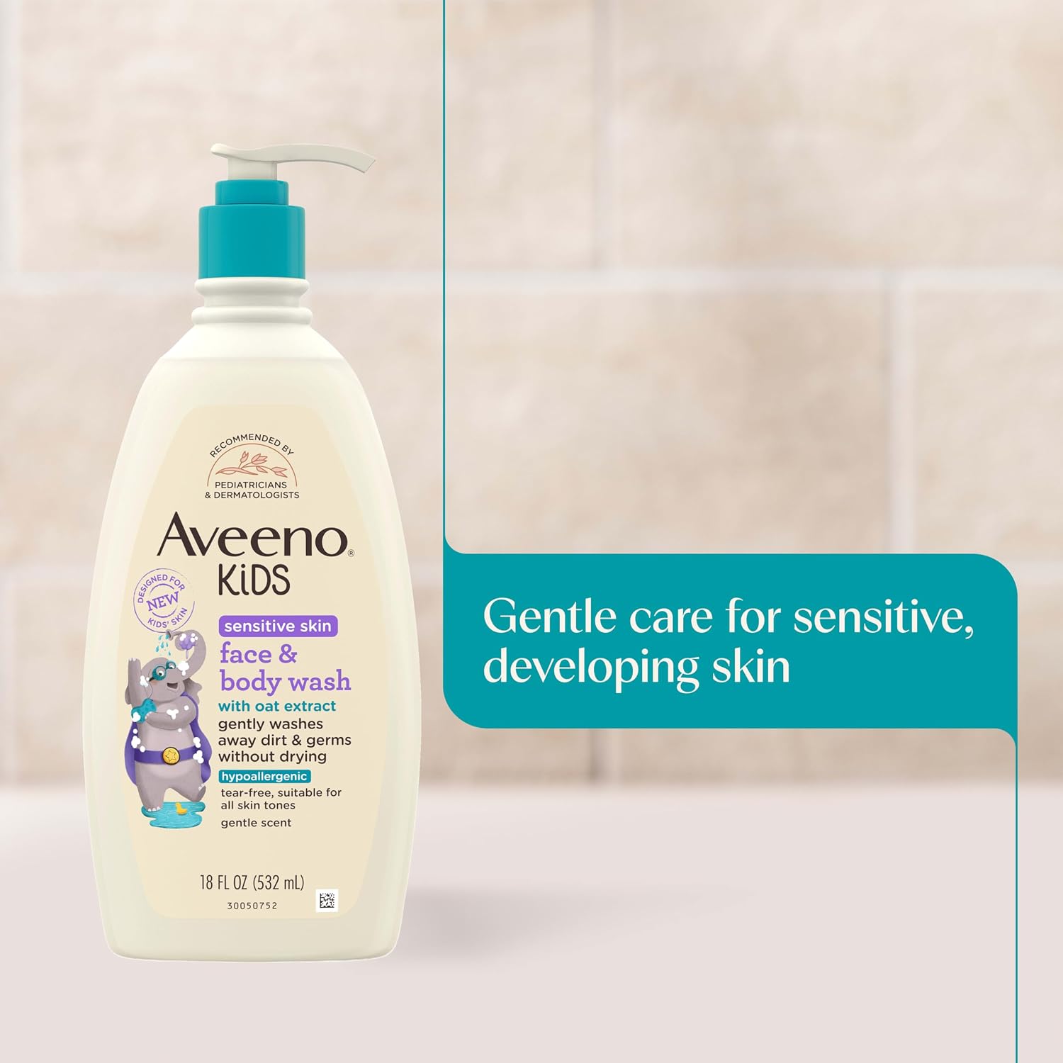 Aveeno Kids pump bottle beside a teal panel that reads gentle care for sensitive, developing skin