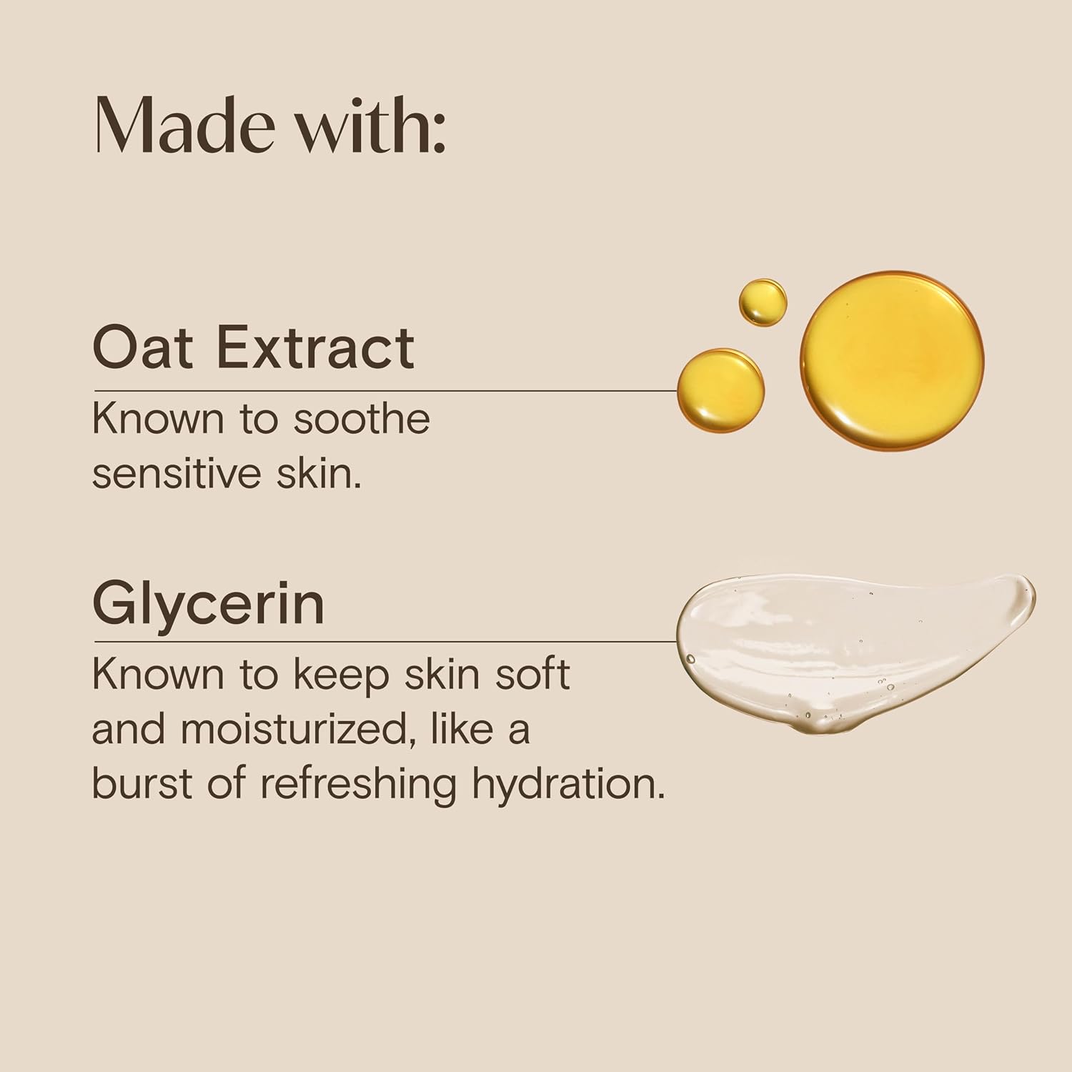 Listing graphic labeled Made with Oat Extract and Glycerin, with oil droplets and a clear gel swipe