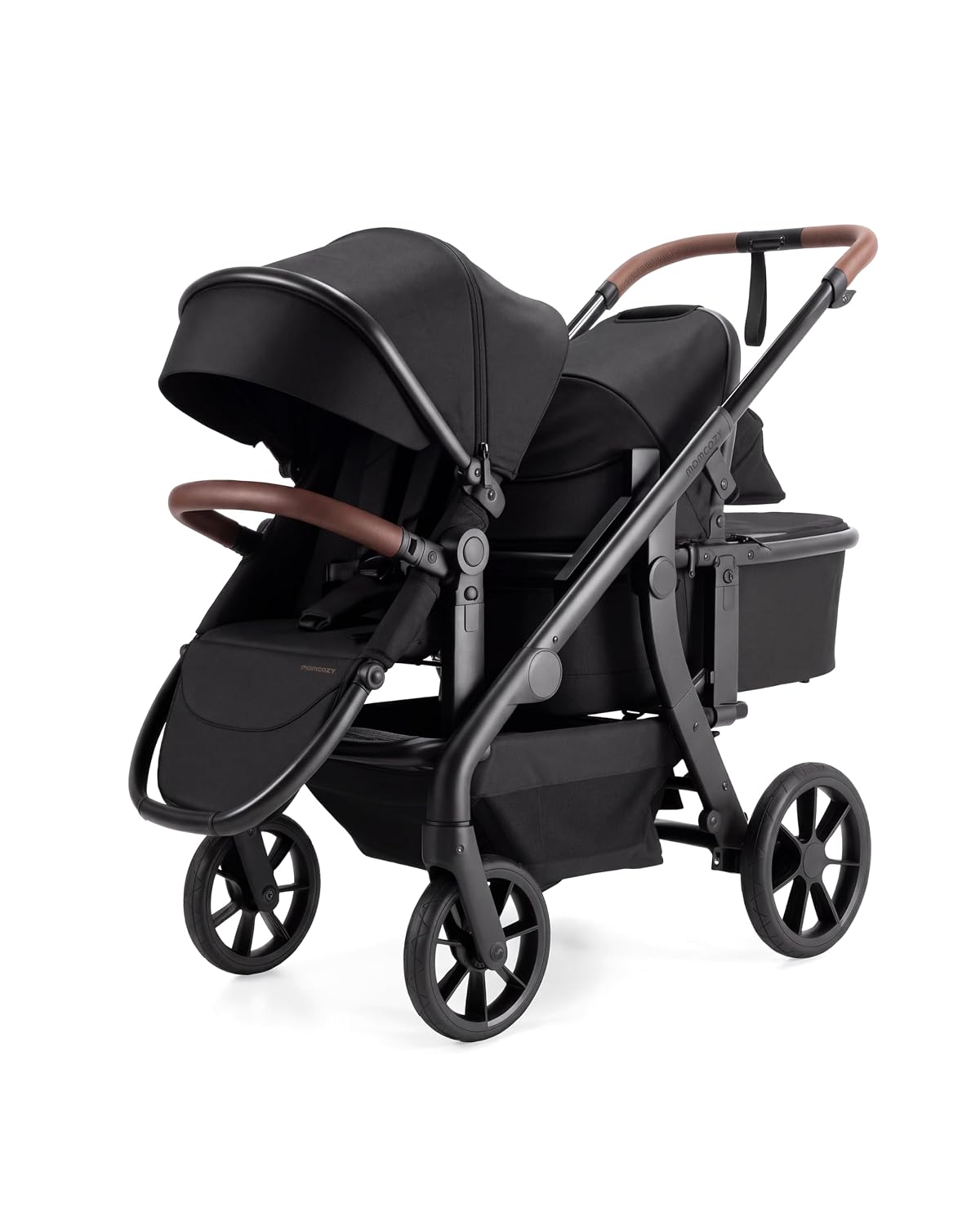 Black Momcozy ChangeGo with the toddler seat in front and the included carrycot behind