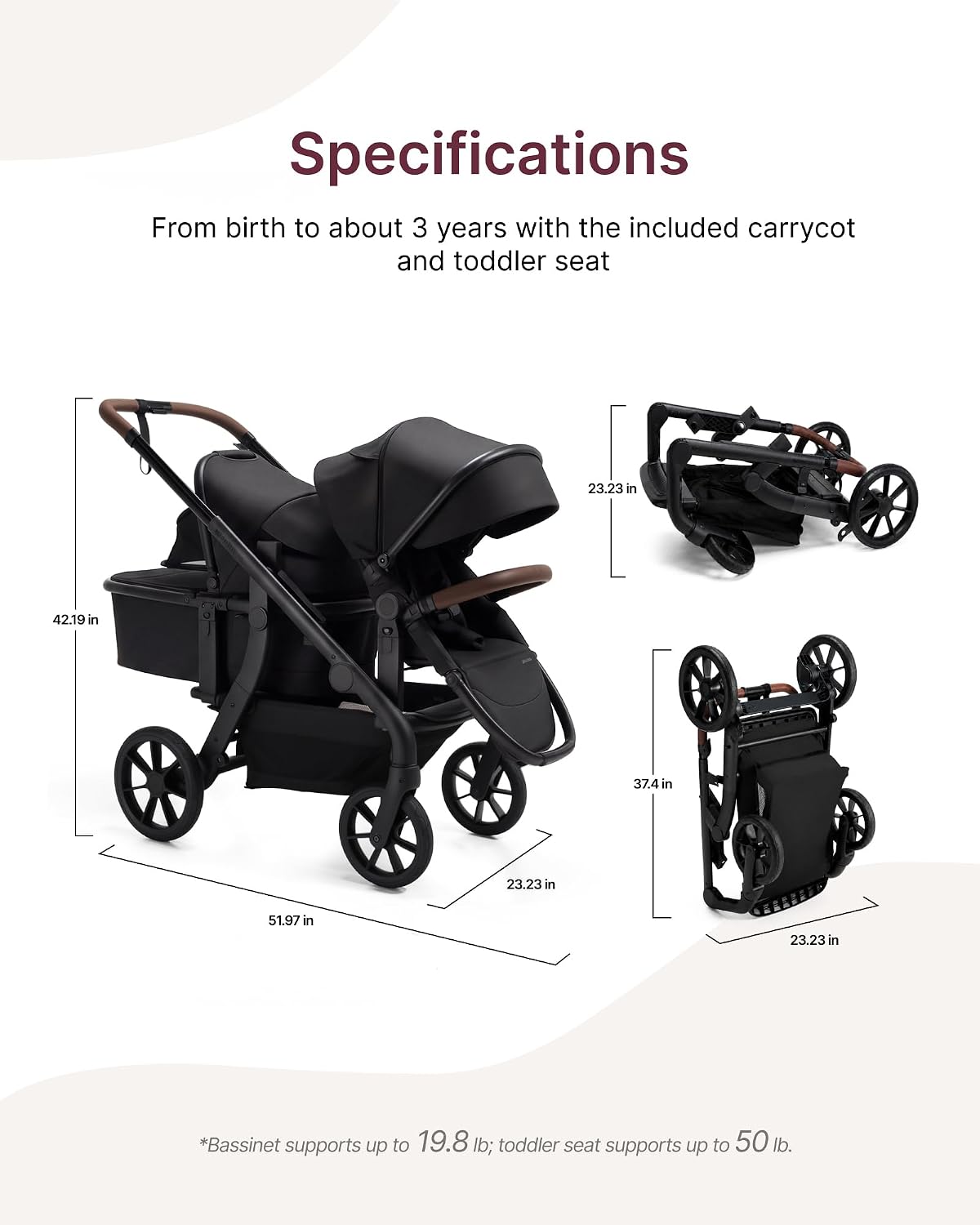 ChangeGo specifications: 51.97 inches long, 23.23 inches wide, 42.19 inches tall, folded 37.4 by 23.23 inches. Bassinet up to 19.8 lb and toddler seat up to 50 lb.