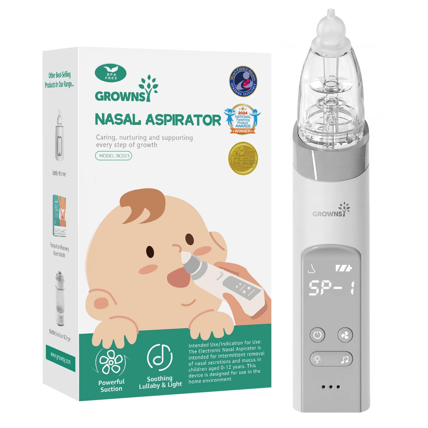 GROWNSY model BC023 box beside the grey and white electric nasal aspirator with an LCD