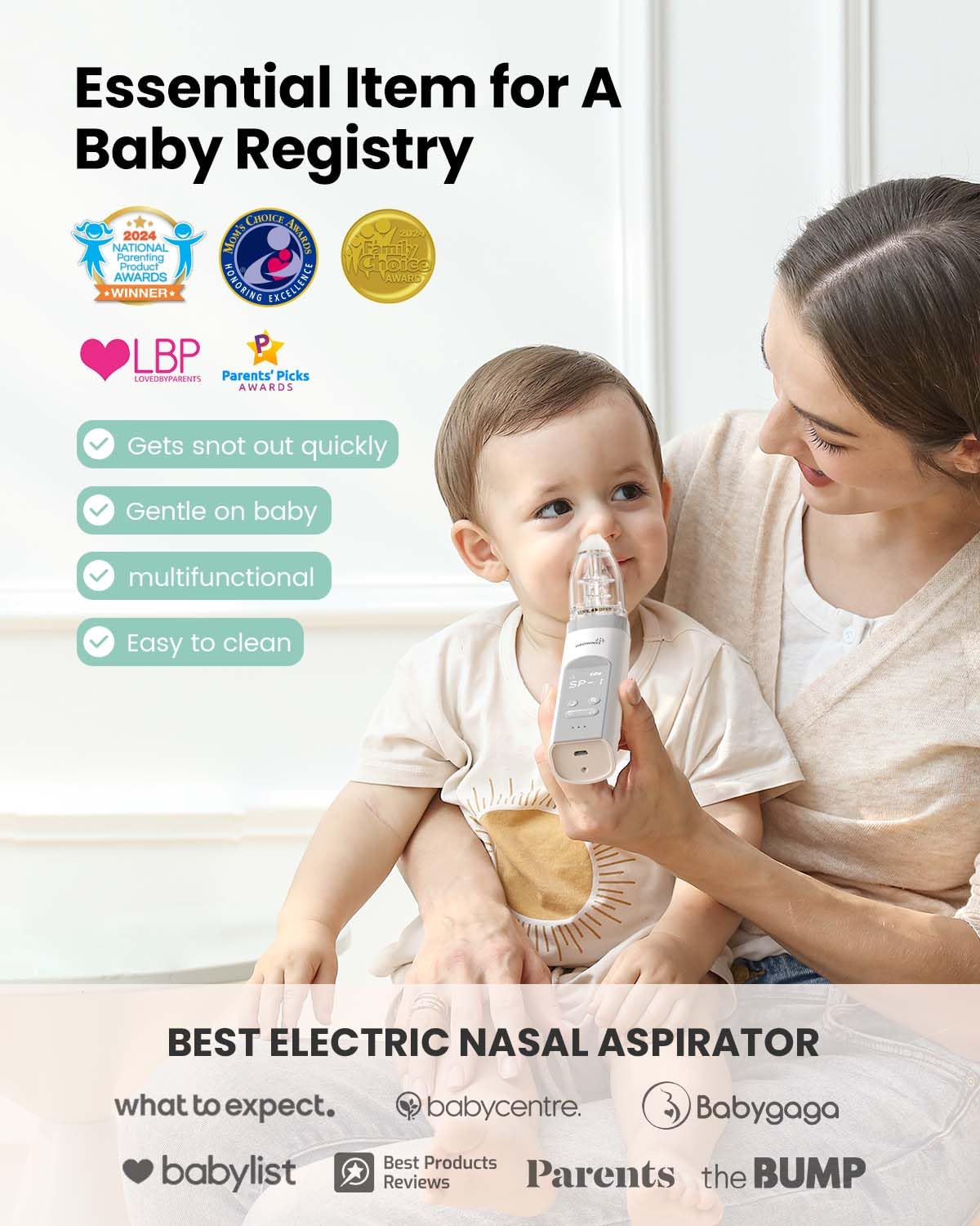 Parent using the grey GROWNSY electric nasal aspirator on a toddler