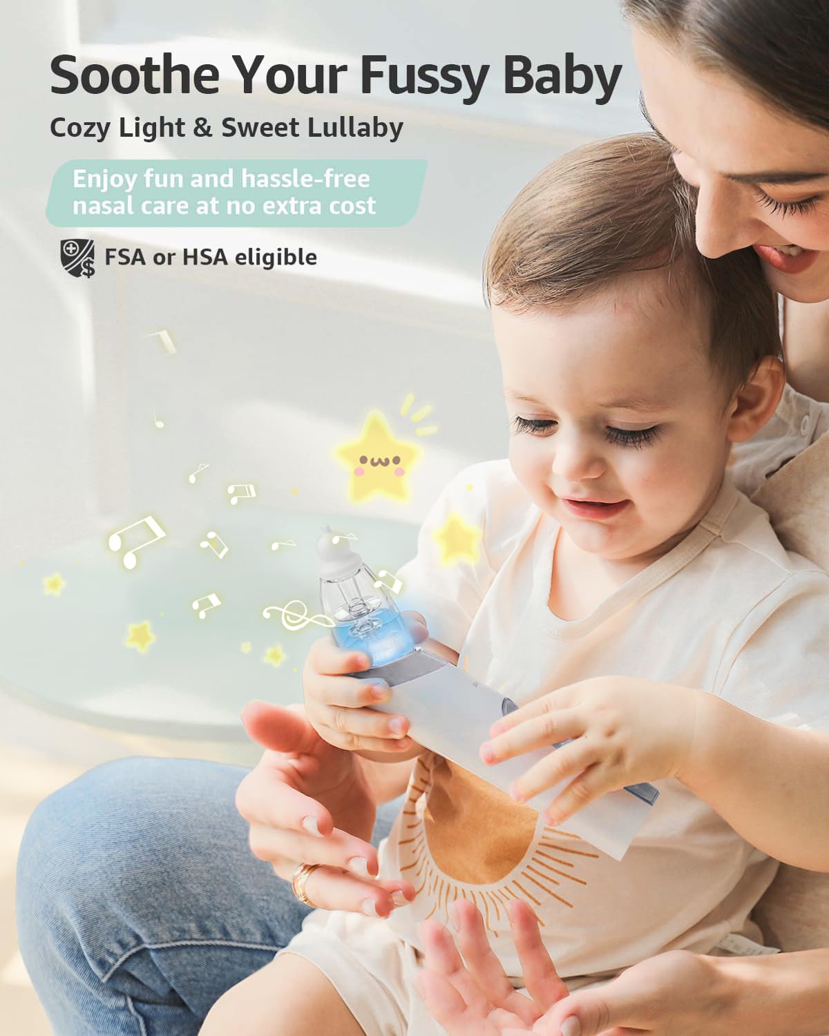 GROWNSY listing graphic for the built-in light and lullaby, marked FSA and HSA eligible