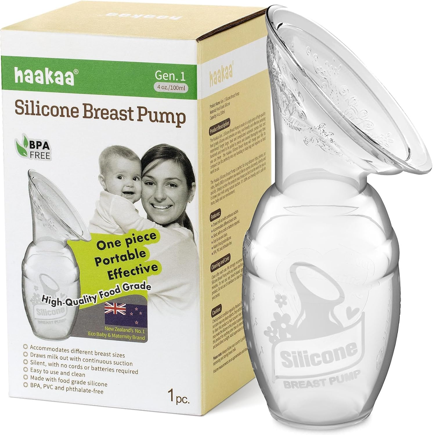 Haakaa Gen. 1 box printed 4 oz/100 ml beside the clear one-piece silicone breast pump
