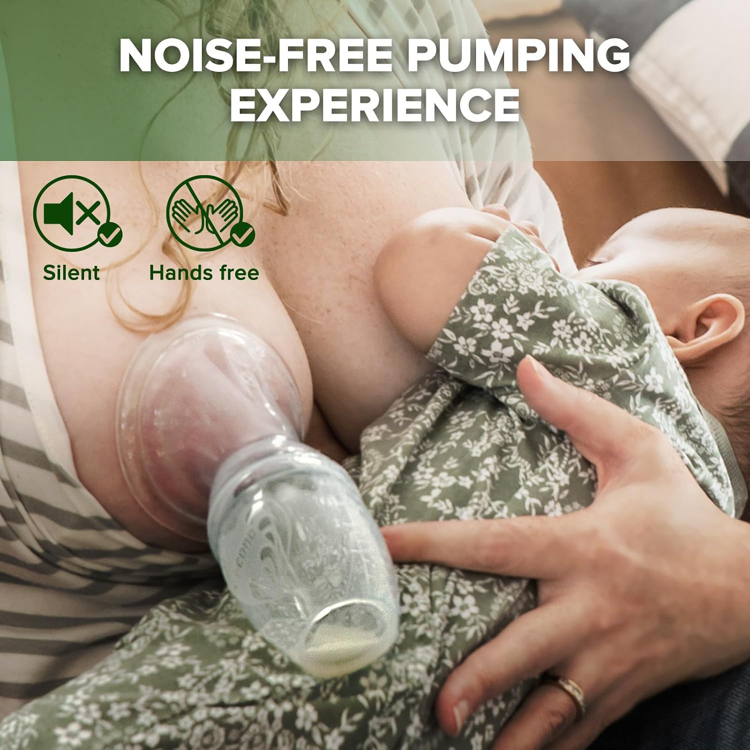 Haakaa cup sealed to the breast while a baby nurses, with silent and hands-free callouts