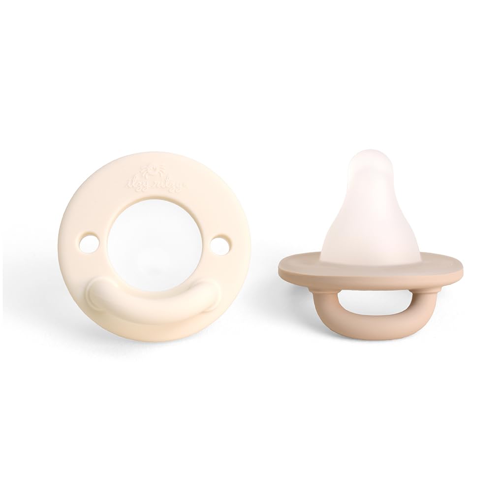 Itzy Ritzy Latch and Soothe pacifier in taupe, shown from the cream shield back and the taupe front