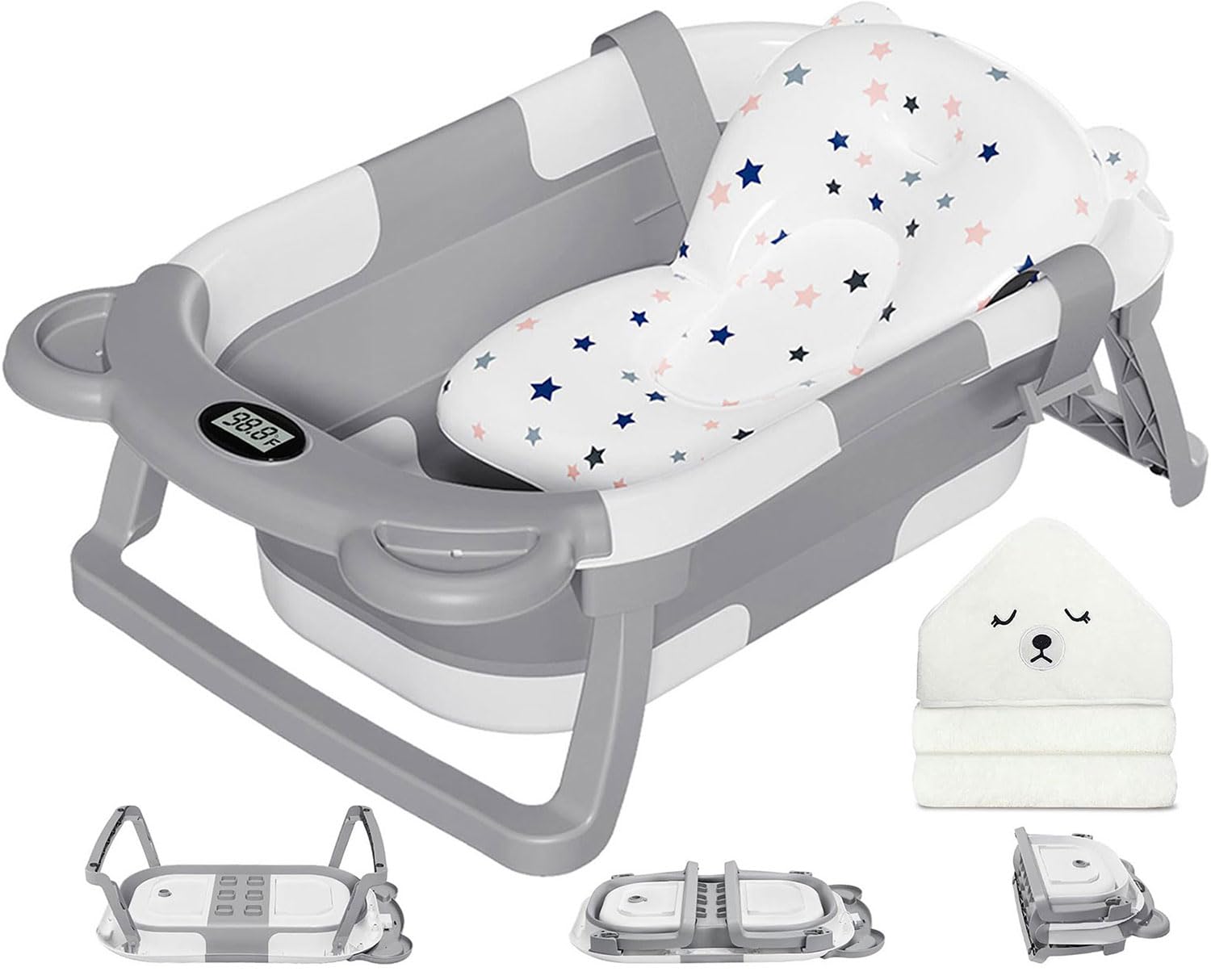 Grey and white MoreFeel collapsible tub with a star cushion, thermometer reading 98.6 F, bear hooded towel, and three folded states
