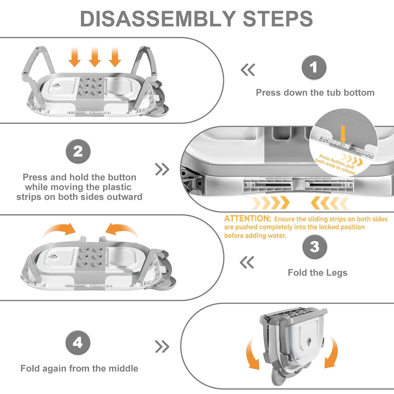 MoreFeel listing graphic showing how to press the bottom, release the side strips, fold the legs, and fold the tub from the middle