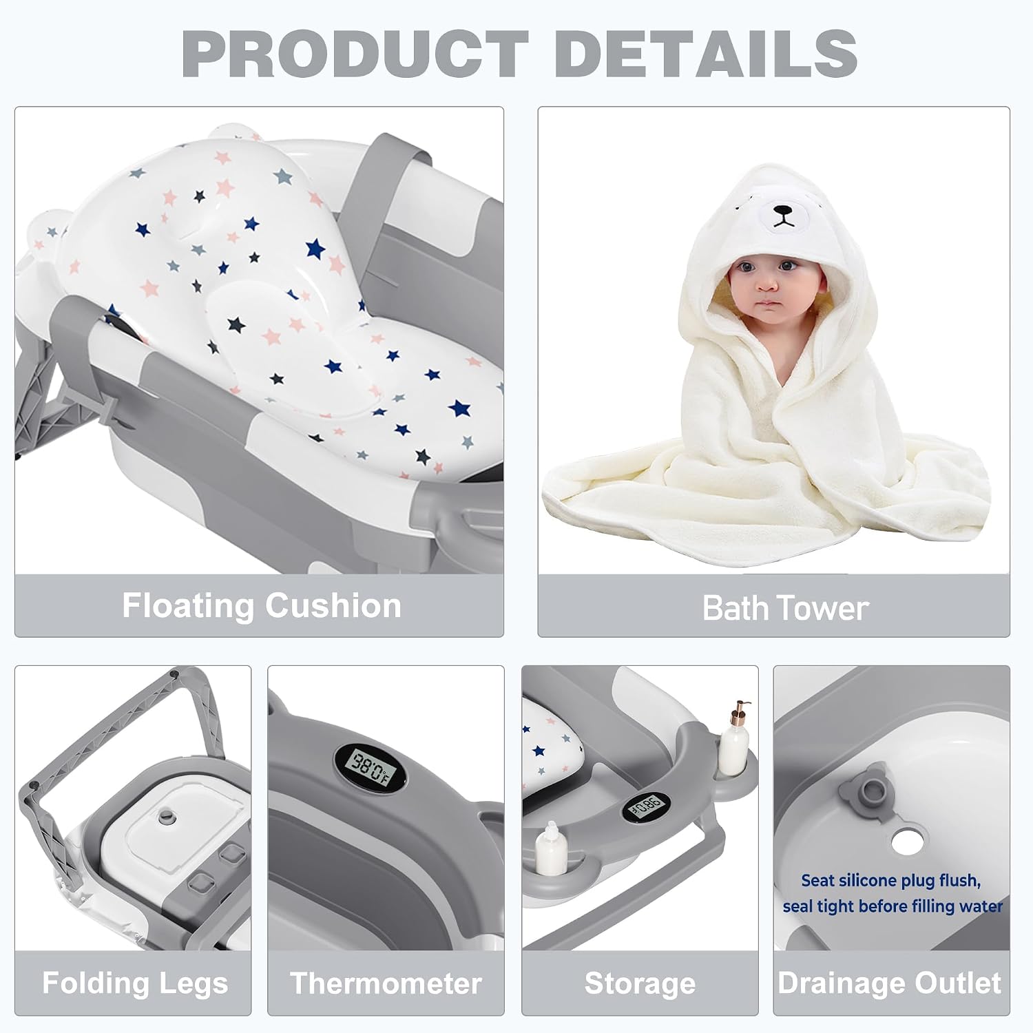 MoreFeel details grid showing the floating cushion, hooded towel, folding legs, thermometer, pockets, and drain plug